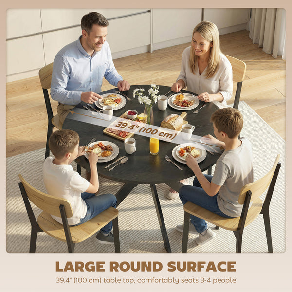 Contemporary round dining table with steel legs, black wood look