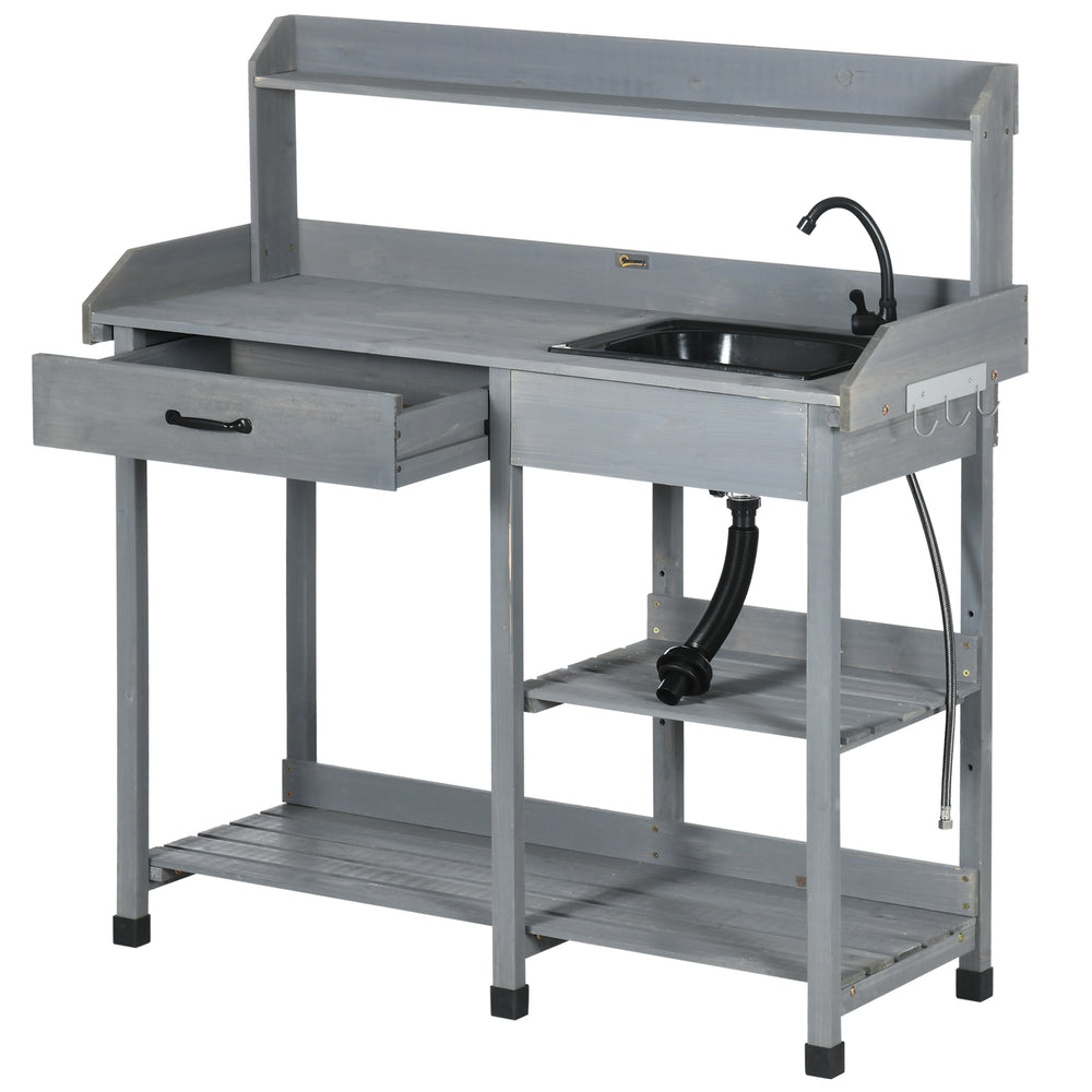 Potting table with drawer, removable sink and hooks, grey