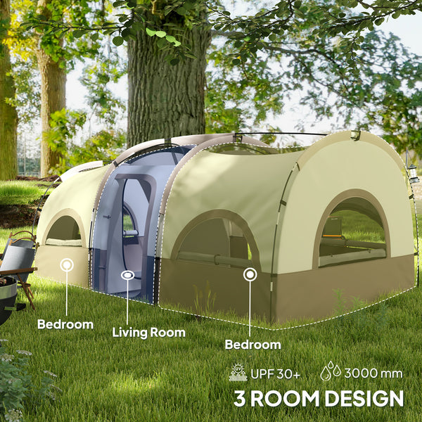 4-6 Person Camping Tent, 3 Room Cabin Tent, Waterproof 3000mm &amp; UPF 30+, with Sewn-in Groundsheet &amp; Carry Bag, Khaki