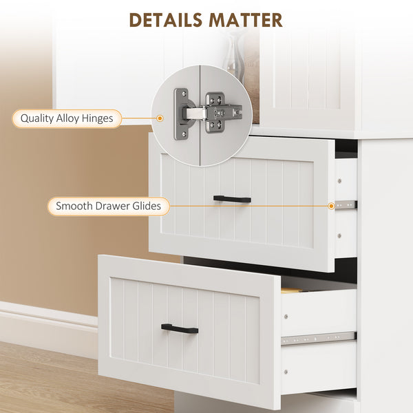 67-inch tall storage cabinet with adjustable shelves and 2 drawers, White