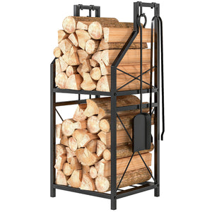 2-tier firewood rack with 4 fireplace tools
