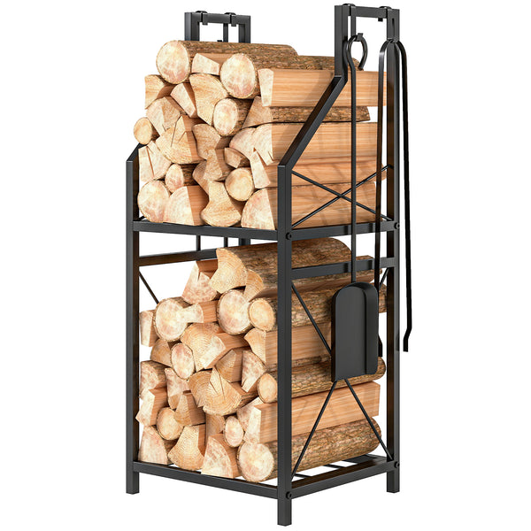 2-tier firewood rack with 4 fireplace tools