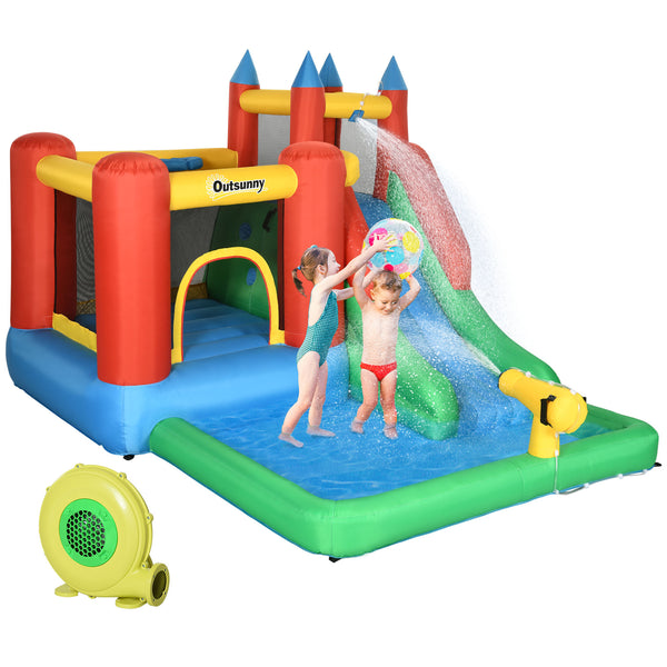 6-in-1 inflatable with trampoline, slide, water pool and climbing wall