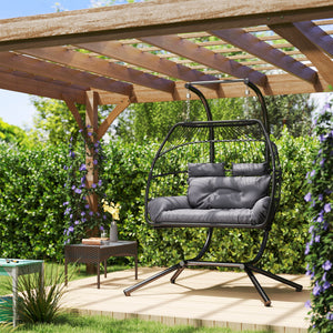 Double wicker swing with stand, foldable and hanging, UV-resistant cushion, headrest, dark gray