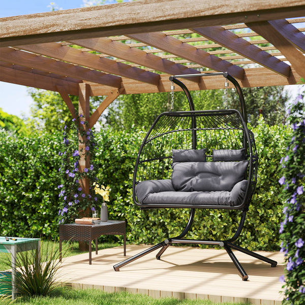 Double wicker swing with stand, foldable and hanging, UV-resistant cushion, headrest, dark gray