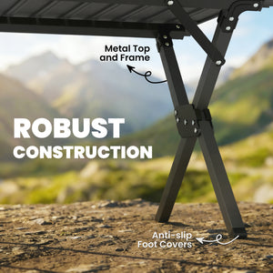 Waterproof foldable camping table with roll-up top and metal frame, black