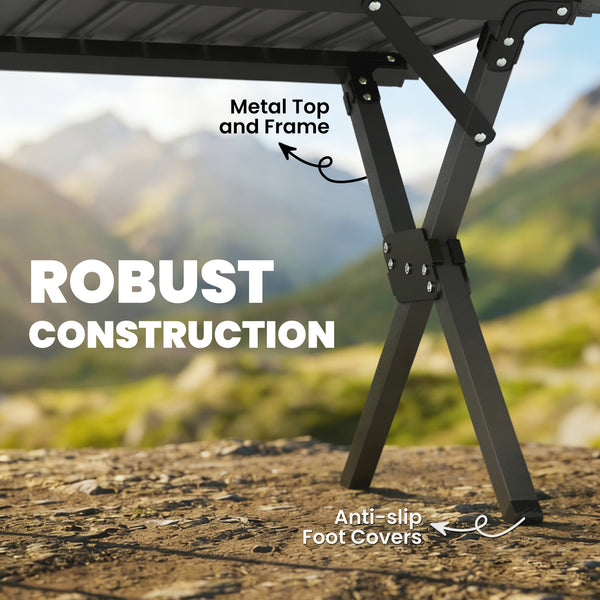 Waterproof foldable camping table with roll-up top and metal frame, black