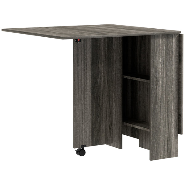 Folding collapsible table with 2-tier shelves and wheels, grey wood look