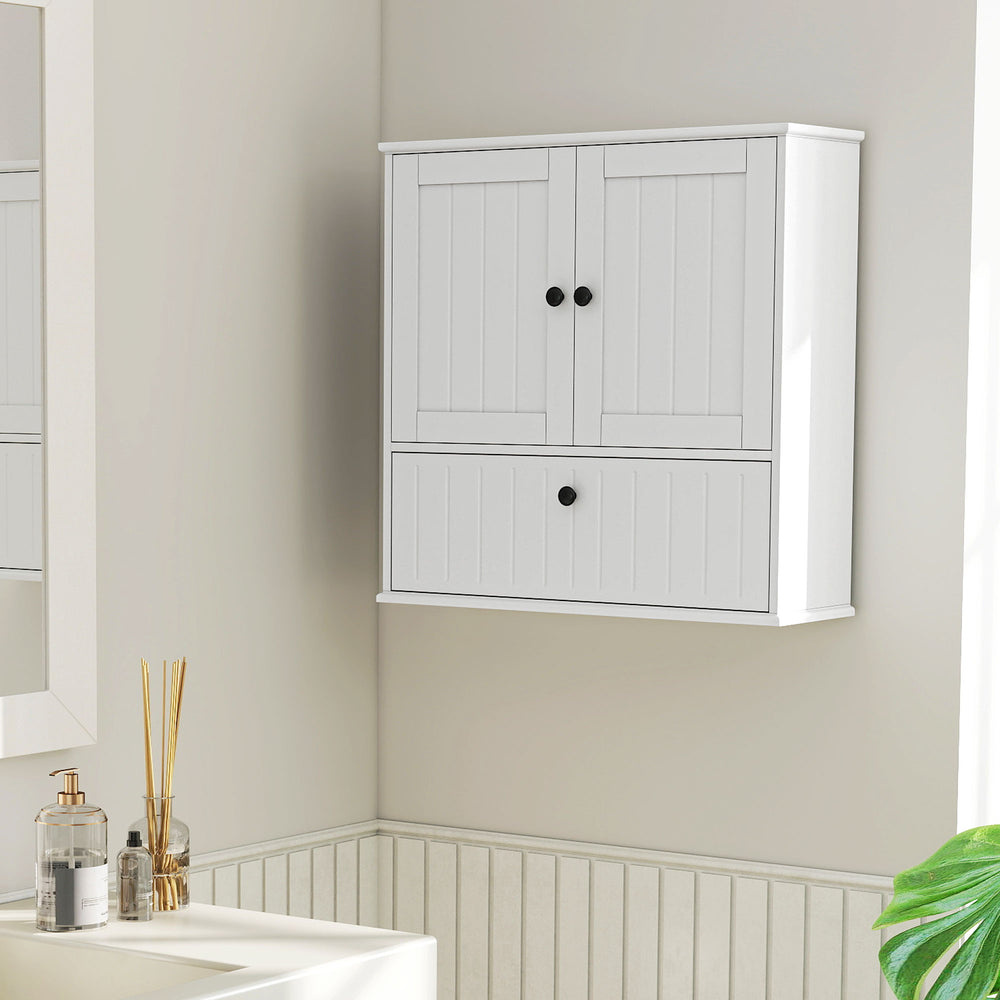 Wall-mounted bathroom cabinet, farmhouse style, with adjustable shelves and drop-down door, white