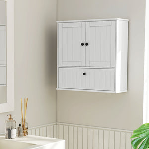 Wall-mounted bathroom cabinet, farmhouse style, with adjustable shelves and drop-down door, white