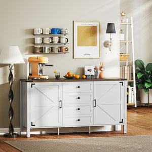 Country style sideboard with thick top, 2 barn doors, 4 drawers and 2 adjustable shelves, white