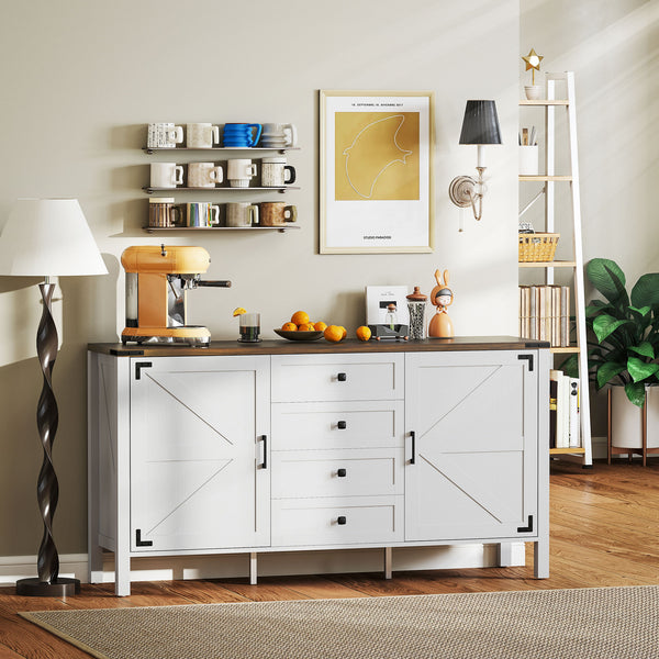 Country style sideboard with thick top, 2 barn doors, 4 drawers and 2 adjustable shelves, white