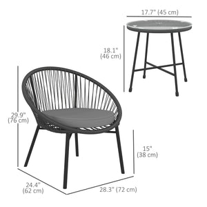 3 Piece Wicker Patio Furniture Set with Soft Cushions, Tempered Glass Top, Black