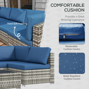 Modular 7-piece garden set in woven resin with coffee table, blue