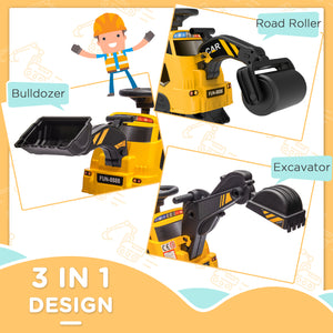 3 in 1 Excavator Bulldozer Rolling Compactor with Music, Yellow