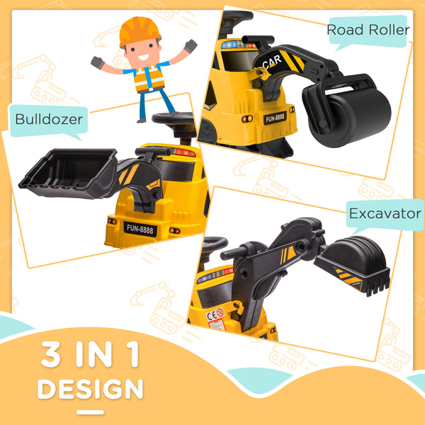 3 in 1 Excavator Bulldozer Rolling Compactor with Music, Yellow