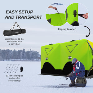 Insulated ice fishing shelter for 8 people, with ventilation windows and carry bag, for temperatures down to -30°C, green