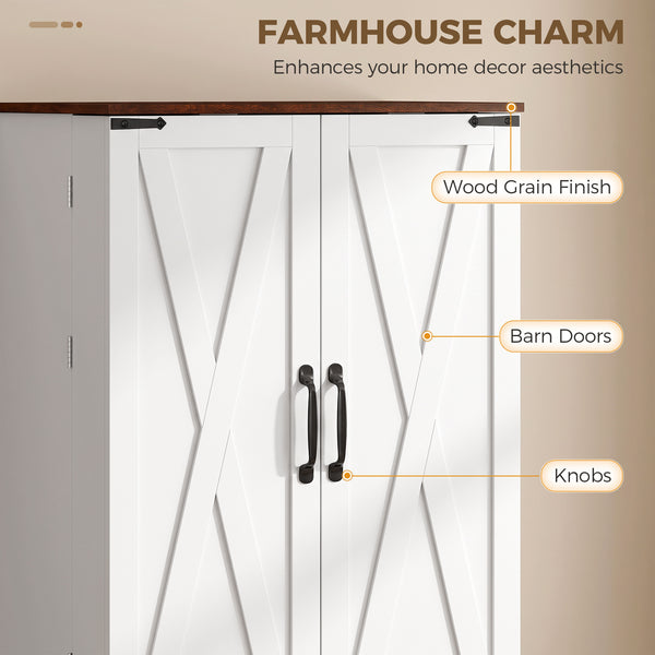 Farmhouse-style tall pantry with 2 cabinets, door, and adjustable shelves, white