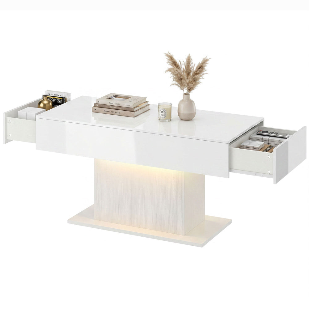 LED Coffee Table with Storage, High Gloss with 2 Drawers and Remote Control for Living Room, White