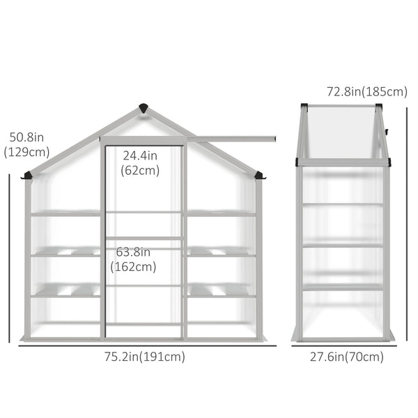 Outdoor polycarbonate greenhouse with 3-tier shelves, sliding door and aluminum frame
