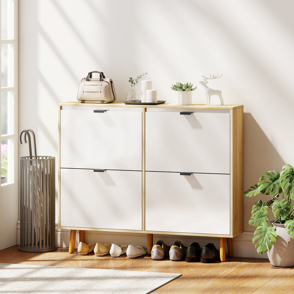 Narrow shoe cabinet, high-gloss finish, with 4 drop-down drawers and adjustable shelves, for 20 pairs, white