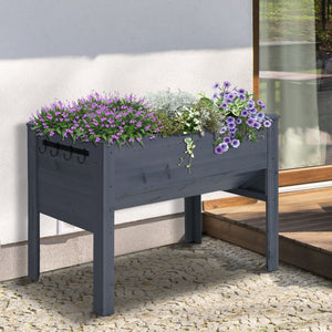 Raised wooden plant stand with hooks, grey