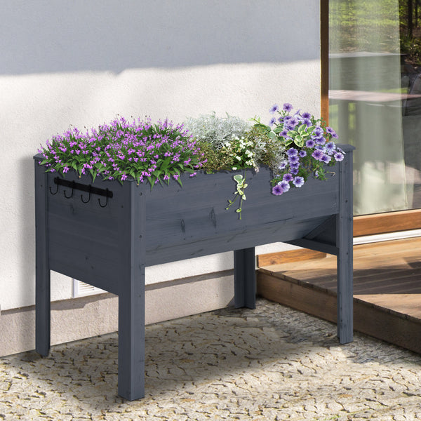 Raised wooden plant stand with hooks, grey