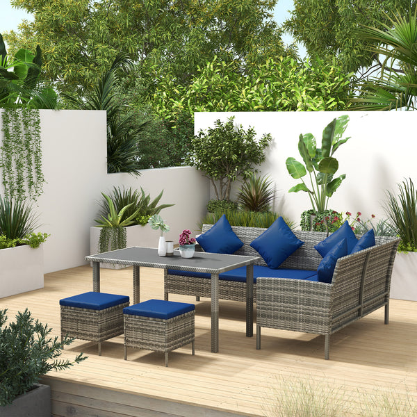 5-piece resin wicker furniture set with cushions, table and poufs, navy blue