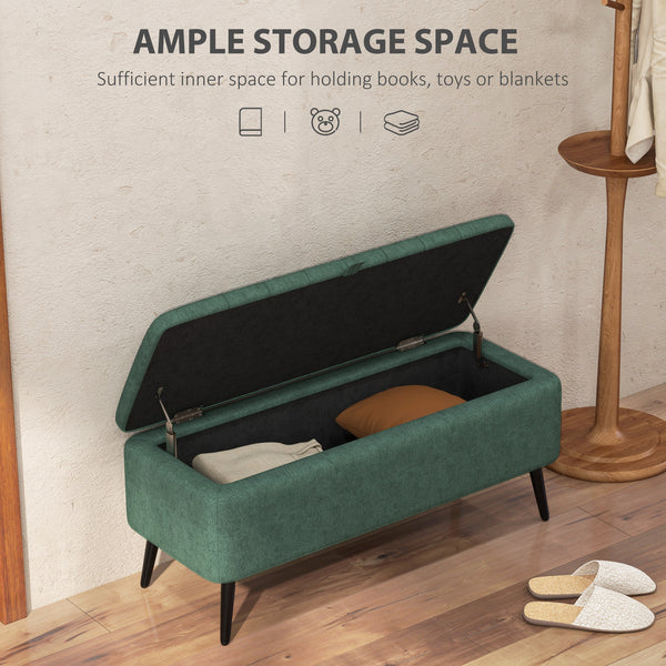 Linen Upholstered Storage Pouf with Steel Legs, Dark Green