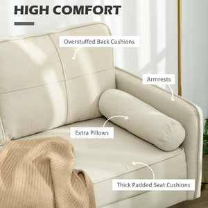 2 seater upholstered sofa with back cushions and pillows, beige