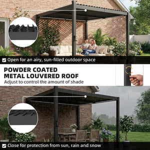 10 x 10 pergola with adjustable louvered roof, black, with LED solar lighting and drainage gutters