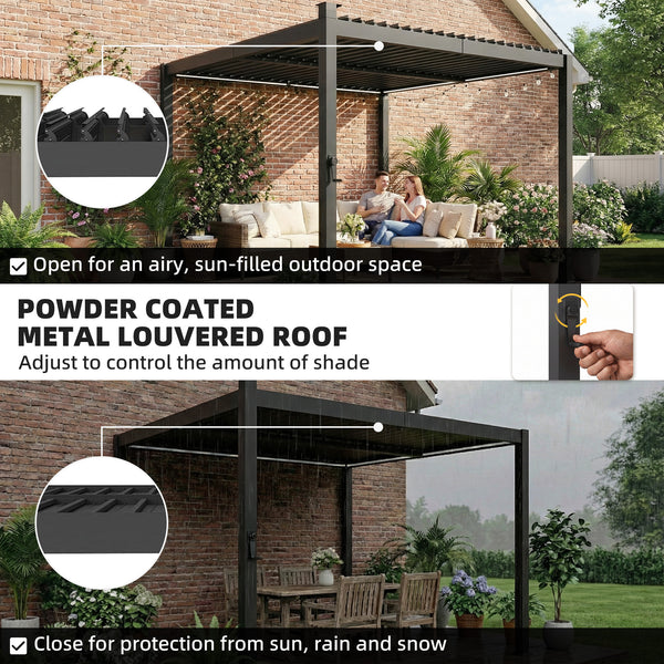 10 x 10 pergola with adjustable louvered roof, black, with LED solar lighting and drainage gutters