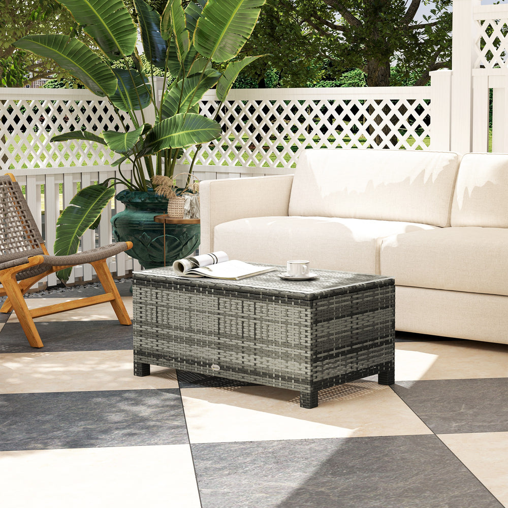 Rattan and wicker coffee table with glass top, outdoor garden furniture, tempered brown