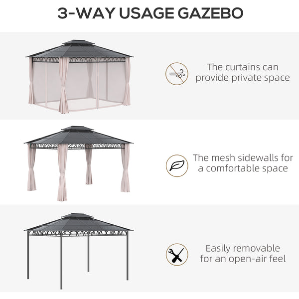10' x 12' Gazebo with Double PC Hardtop, Steel Frame, Netting &amp; Curtains, Khaki