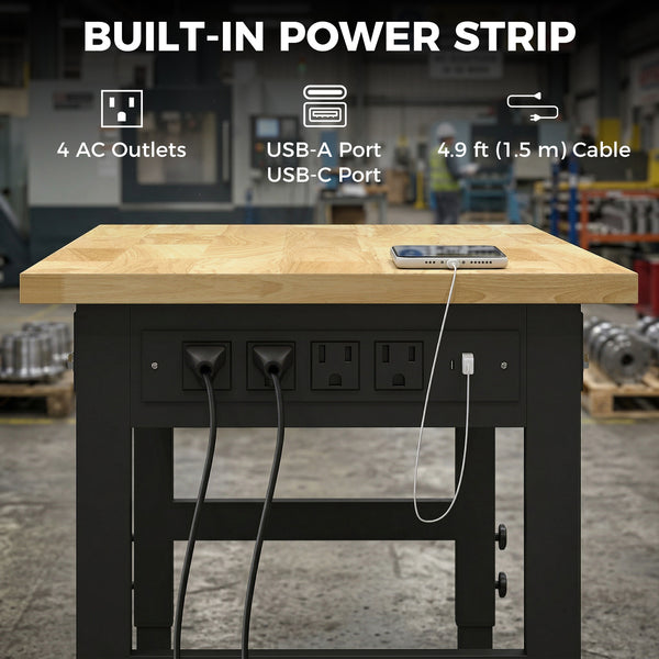 60-inch heavy-duty height-adjustable workbench with power outlets, USB ports, and pegboard – Natural wood and black