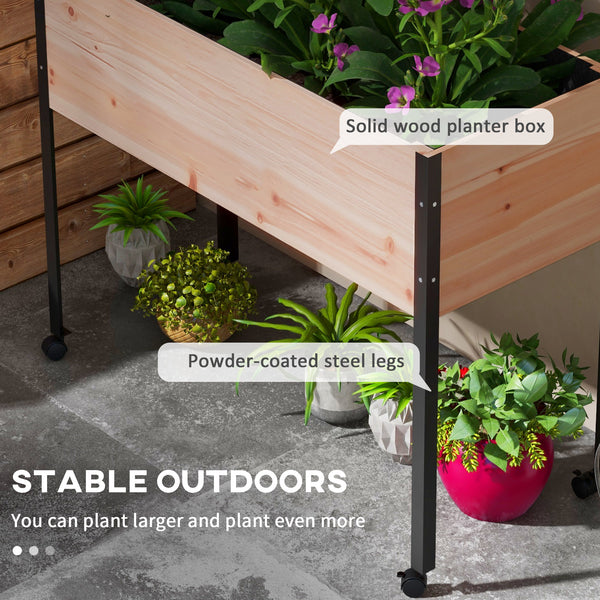Raised wooden planter with casters, metal legs, drainage holes and planter liner
