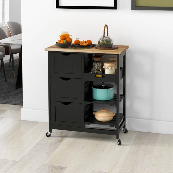 Kitchen trolley on wheels, kitchen island with wooden top, 3 drawers and shelves for dining room, black