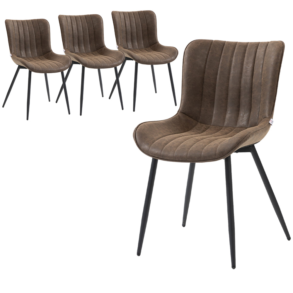 Set of 4 dining chairs, upholstered in faux leather with steel backrest and legs, brown