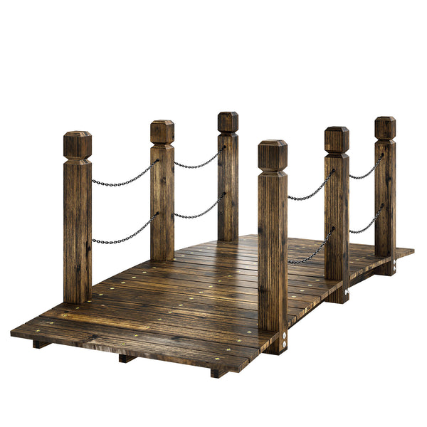 Decorative carbonized wooden bridge with chain railings for garden path, 1.5 m (5 ft)