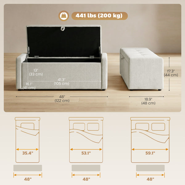Linen-look fabric upholstered storage ottoman bench with storage, wide and padded seat, cream white