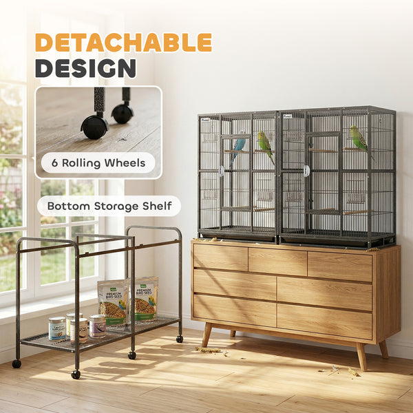 Large double bird cage with removable divider, stand with wheels and accessories – Black