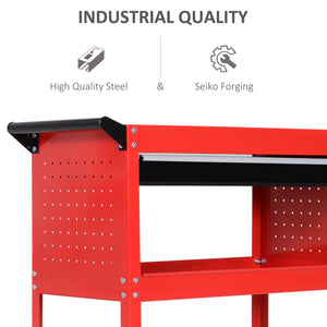 Utility trolley with ball-bearing drawer for garage, warehouse, workshop, red