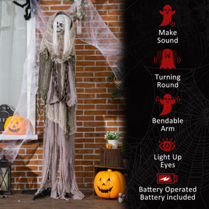 6ft Life Size Halloween Decoration, Witch Skeleton, Animated Prop with Light-Up Eyes and Scary Sound
