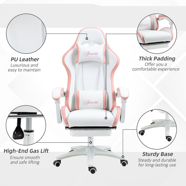 PU leather gaming chair with footrest, reclining backrest, white