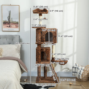160cm Cat Tree with Sisal Scratching Posts, Cabins, Soft Perches, Hammock, Leopard Print