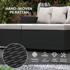 Outdoor rattan sun lounger with soft cushions, 4 pillows, curved backrest and armrests, light grey