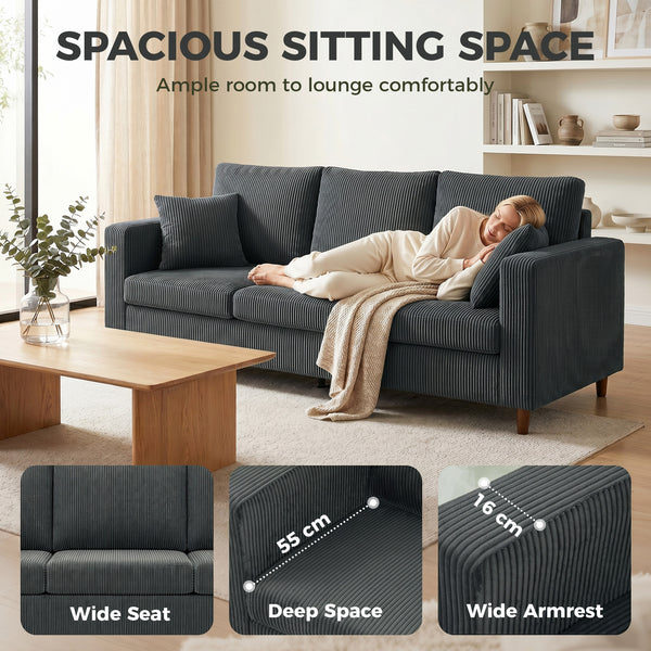 3-seater sofa with wide seat, in corduroy, spring cushions, dark grey
