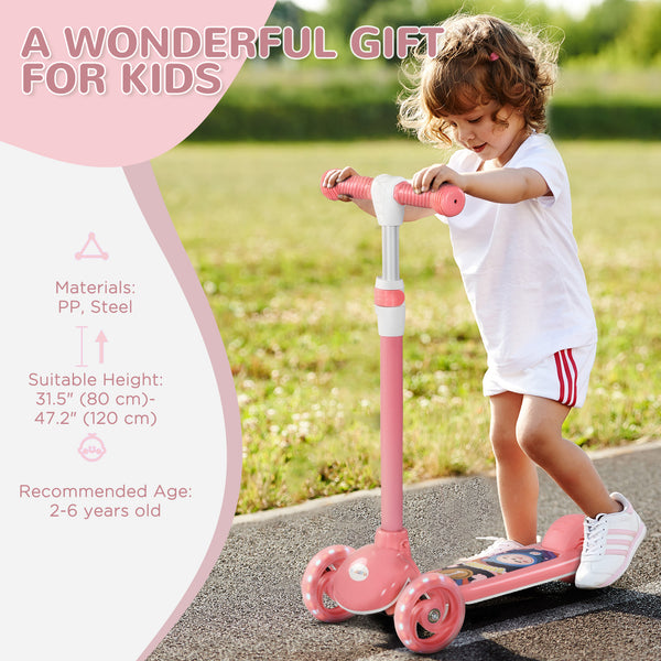 3-wheel scooter, adjustable height, rear brake, LED lighting, TPE handlebar, pink 