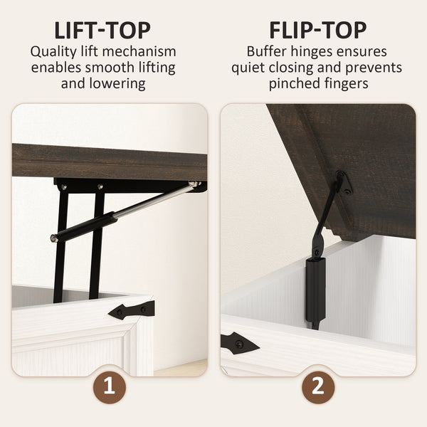 Lift-top coffee table with charging station, country style with concealed storage, white wood look.