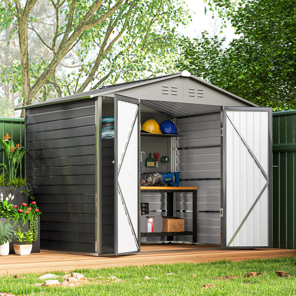 Metal garden shed with 2 windows, 4 vents, lockable doors and mosquito nets, dark grey